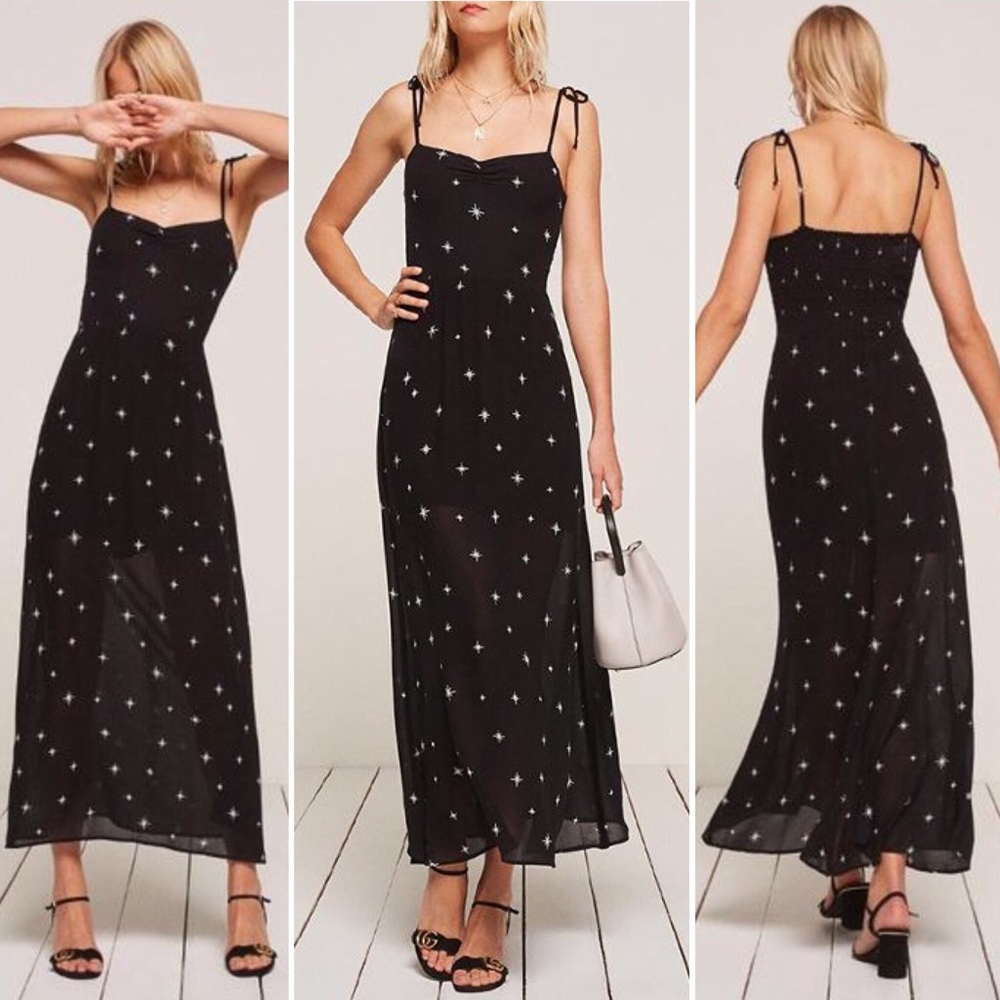 SOLD NWOT Reformation Sylvie Emersyn Midi Dress in Black Constellation Print - Picture 2 of 9